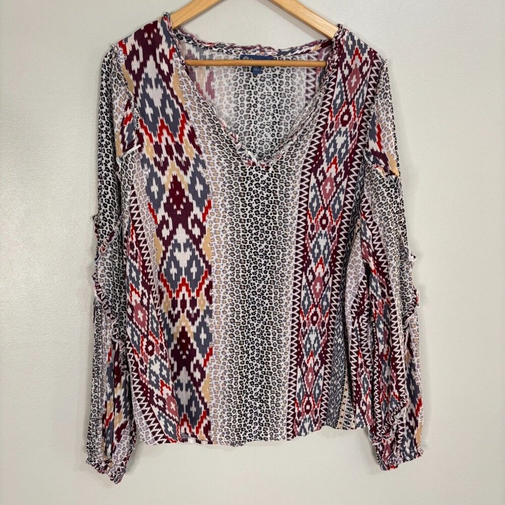 Democracy Top 1X Southwestern Leopard Boho Ruffle V-Neck Blouse Women's